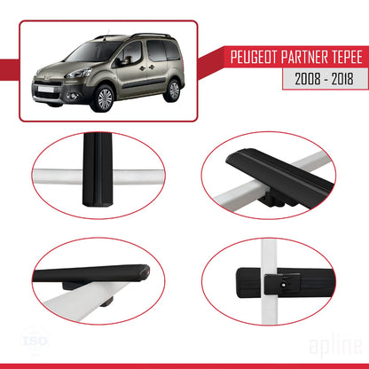 Compatible avec Peugeot Partner 2 Tepee 2008-2018 BASIC Model Barres de Toit Railing Porte-Bagages de Voiture Noir Aluminium 4 Barres