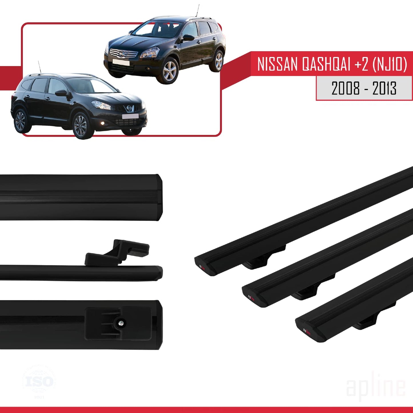 Compatible avec Nissan Qashqai +2 (NJ10) 2008-2013 BASIC Model Barres de Toit Railing Porte-Bagages de Voiture Noir Aluminium 3 Barres