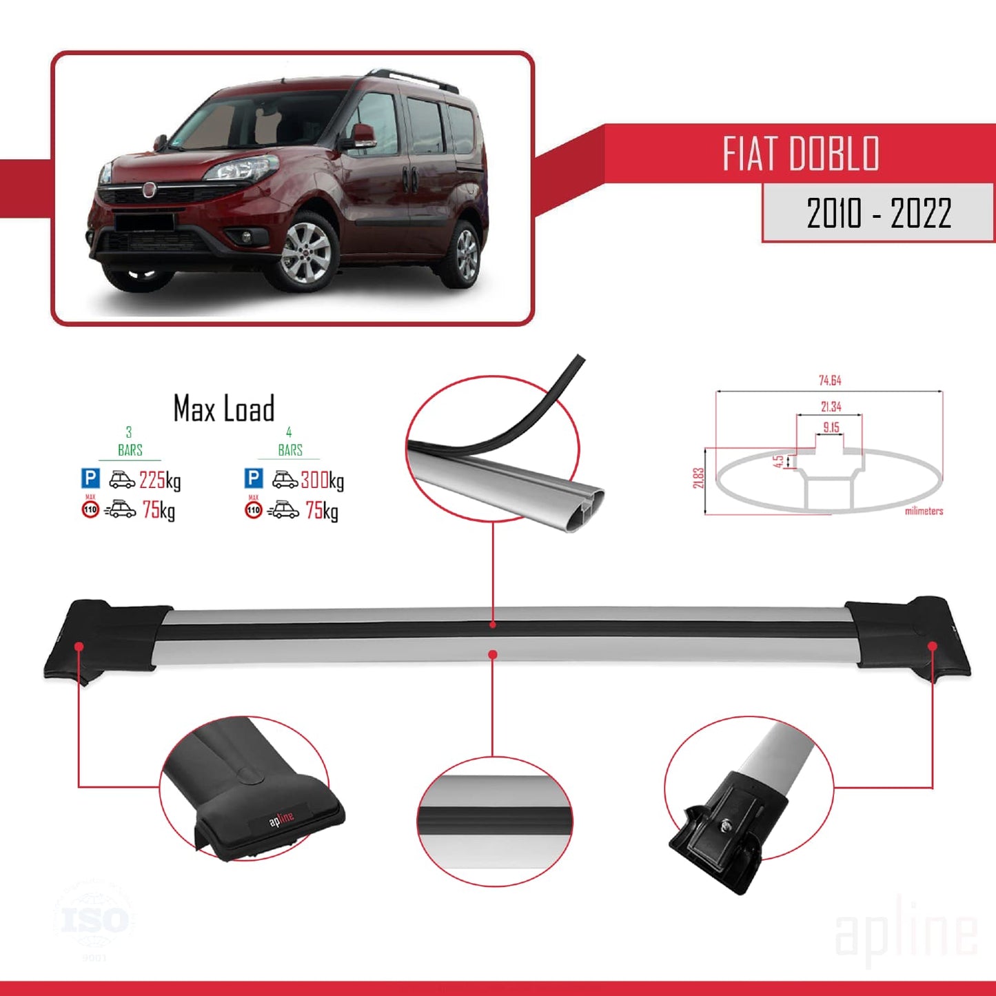 Compatible avec Fiat Doblo 2 2010-2022 FLY Model Barres de Toit Railing Porte-Bagages de Voiture Gris Aluminium 4 Barres