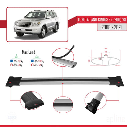 Compatible avec Toyota Land Cruiser V8 (J200) 2008-2021 FLY Model Barres de Toit Railing Porte-Bagages de Voiture Gris Aluminium 3 Barres