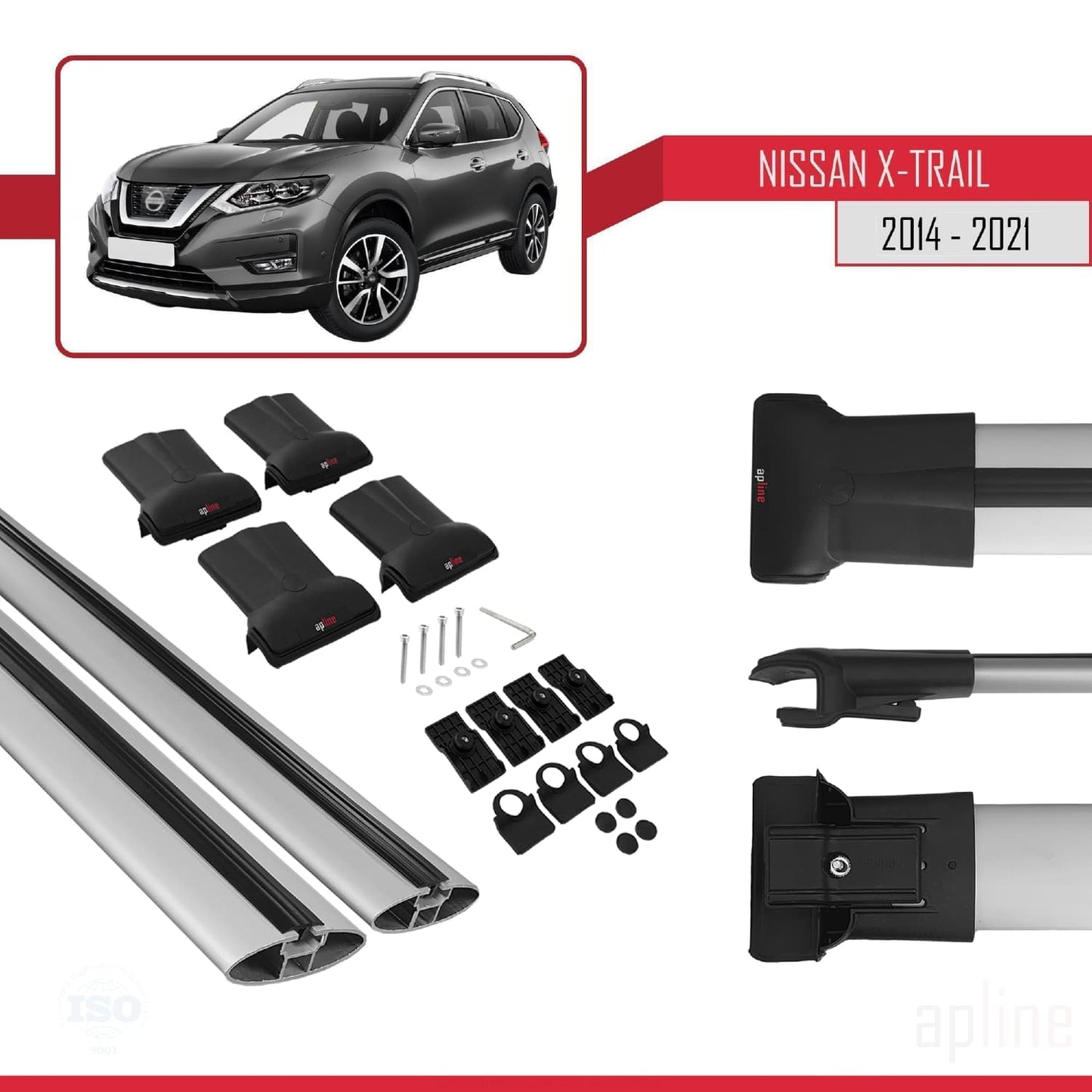 Compatible avec Nissan X-Trail 3 (T32) 2014-2021 FLY Model Barres de Toit Railing Porte-Bagages de Voiture Gris Aluminium 2 Barres