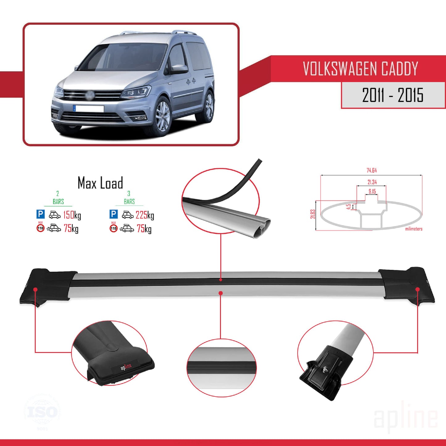 Compatible avec Volkswagen Caddy 3 (SA) 2015-2019 FLY Model Barres de Toit Railing Porte-Bagages de Voiture Gris Aluminium 2 Barres