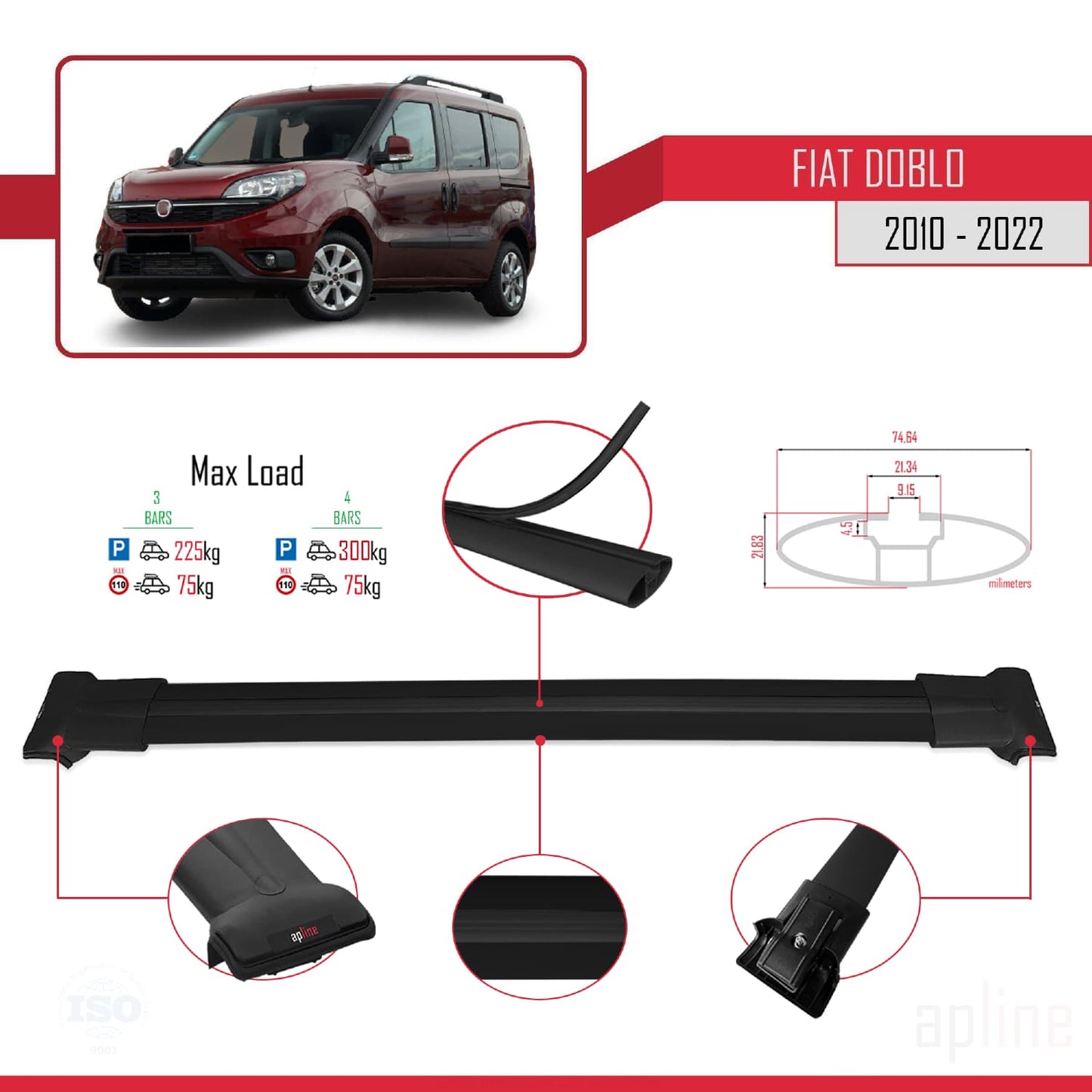 Compatible avec Fiat Doblo 2 2010-2022 FLY Model Barres de Toit Railing Porte-Bagages de Voiture Noir Aluminium 4 Barres