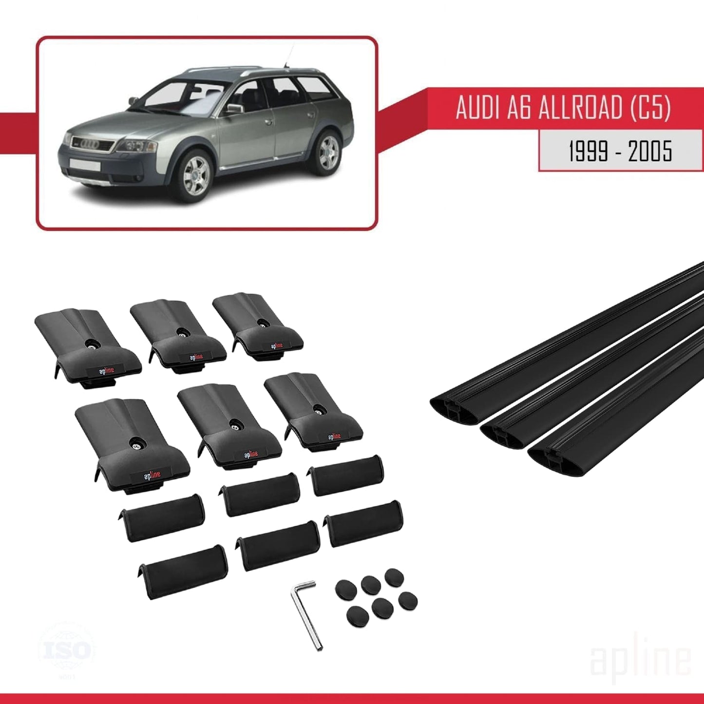 Compatible avec A6 (C5) Allroad 1999-2005 FLY Model Barres de Toit Railing Porte-Bagages de Voiture Noir Aluminium 3 Barres