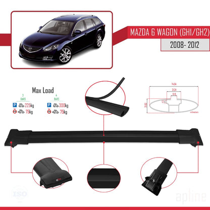 Compatible avec Mazda 6 II (GZ) Wagon 2008-2012 FLY Model Barres de Toit Railing Porte-Bagages de Voiture Noir Aluminium 3 Barres