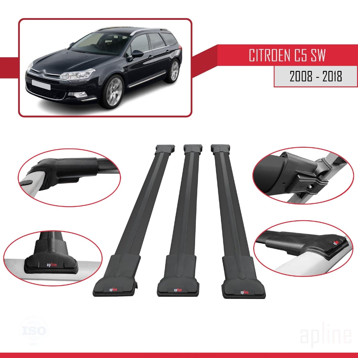 Compatible avec Citroen C5 II Tourer 2008-2018 FLY Model Barres de Toit Railing Porte-Bagages de Voiture Noir Aluminium 3 Barres