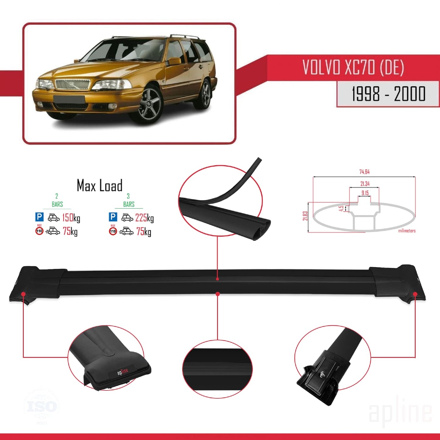 Compatible avec Volvo XC70 1998-2000 FLY Model Barres de Toit Railing Porte-Bagages de Voiture Noir Aluminium 2 Barres